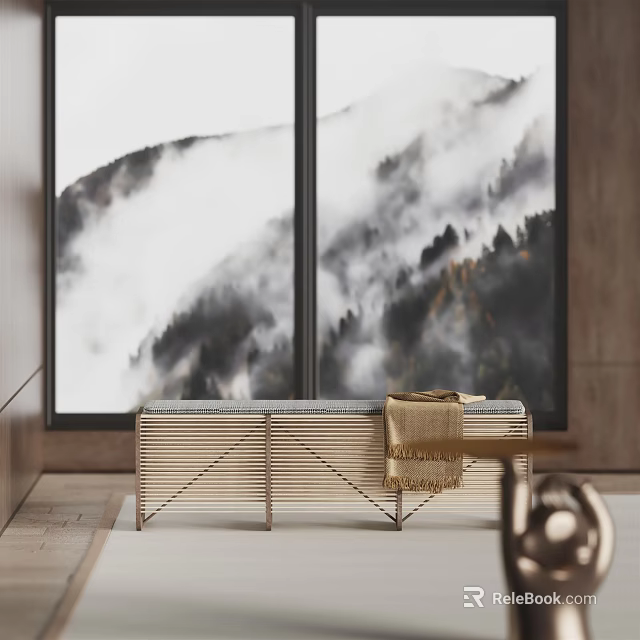 Stylish Public Chair With Metal Frame By Large Window Overlooking Misty Mountains And Forest 3d model 