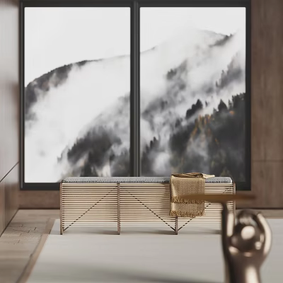 Stylish Public Chair With Metal Frame By Large Window Overlooking Misty Mountains And Forest 3d model