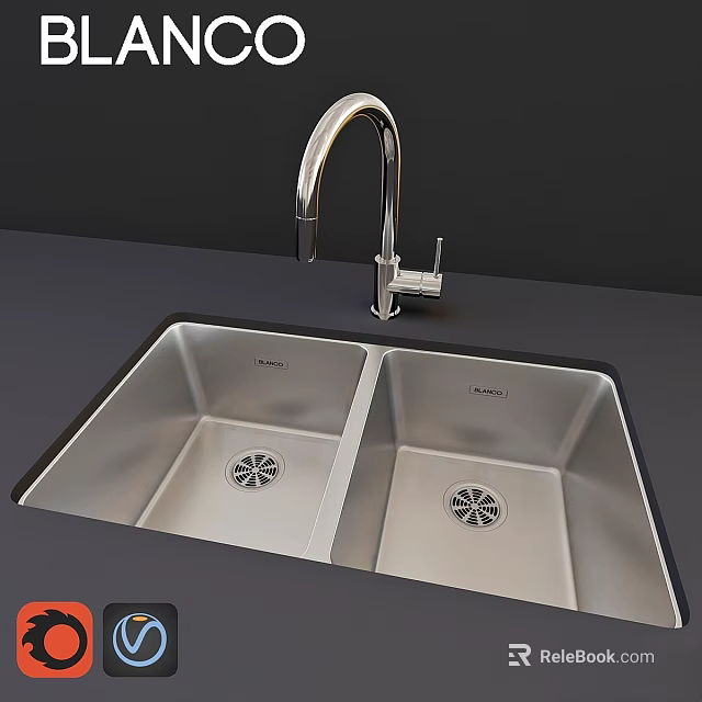 Stainless Steel Double Bowl Kitchen Sink With Curved Faucet And Drain Holes On Countertop 3d model 