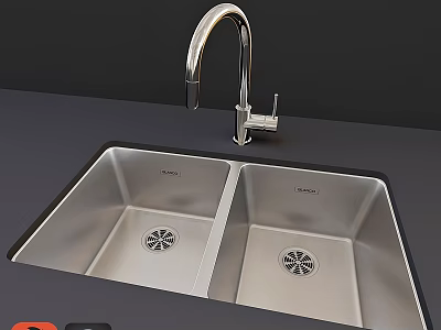 Stainless Steel Double Bowl Kitchen Sink With Curved Faucet And Drain Holes On Countertop 3d model
