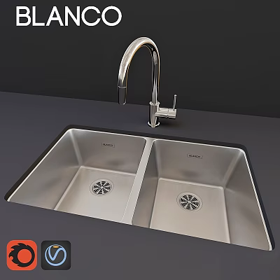 Stainless Steel Double Bowl Kitchen Sink With Curved Faucet And Drain Holes On Countertop 3d model
