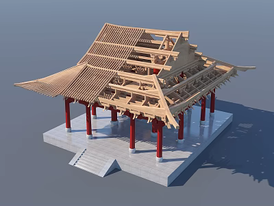 Ancient Chinese Architecture With Wooden Roof Red Columns Carved Brackets And Stone Base 3d model