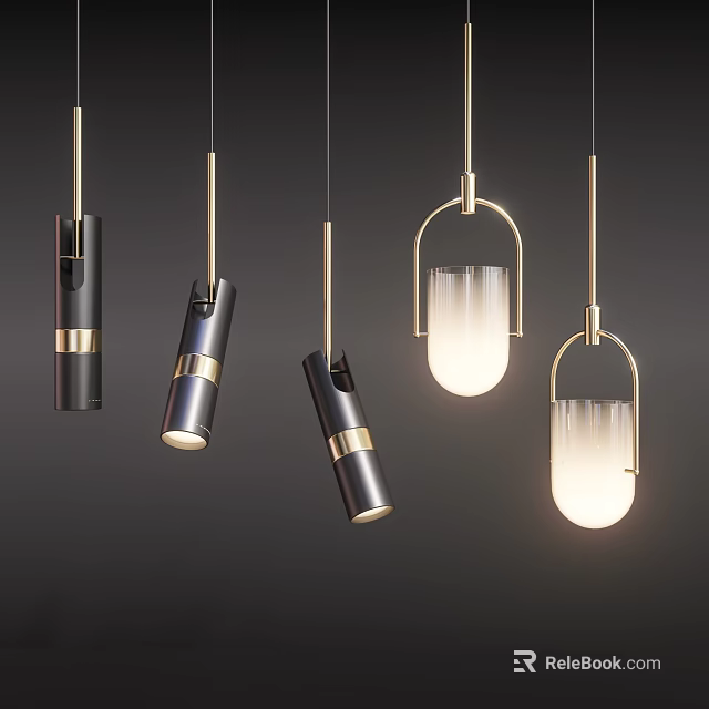 Stylish Modern Pendant Lights With Metal Frames And Glass Shades In Black And Gold 3d model 