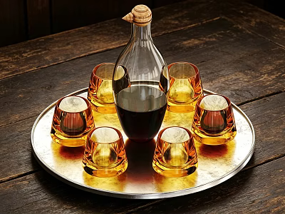 Tableware Set With Glass Bottle Cork Stopper Six Amber Glasses On Metal Tray Wooden Tabletop 3d model