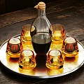 Tableware Set With Glass Bottle Cork Stopper Six Amber Glasses On Metal Tray Wooden Tabletop