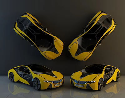 Yellow Sports Cars With Black Accents Four Vehicles Top And Front Views 3d model