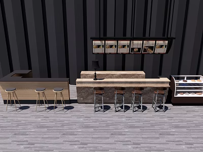 Stylish Bar Counter With Wooden Surface High Stools And Wall Decor Elements 3d model