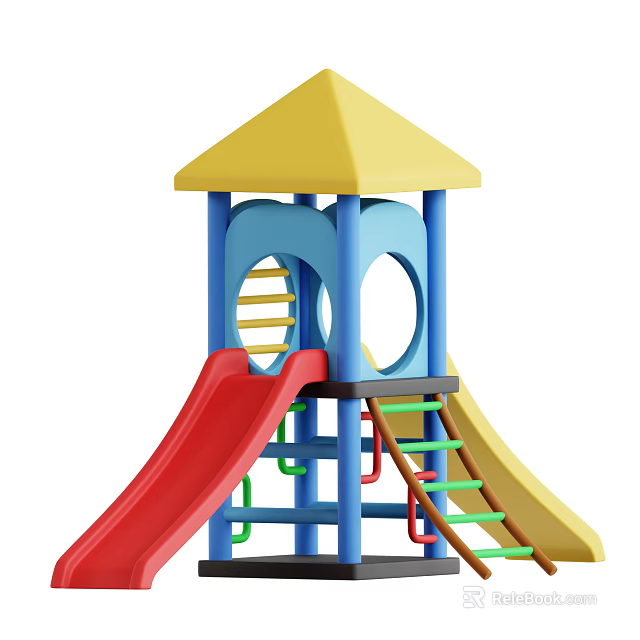 Colorful Children's Playground Structure With Yellow Roof Blue Posts Red Slide And Green Ladder 3d model 