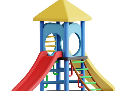 Colorful Children's Playground Structure With Yellow Roof Blue Posts Red Slide And Green Ladder 3d model