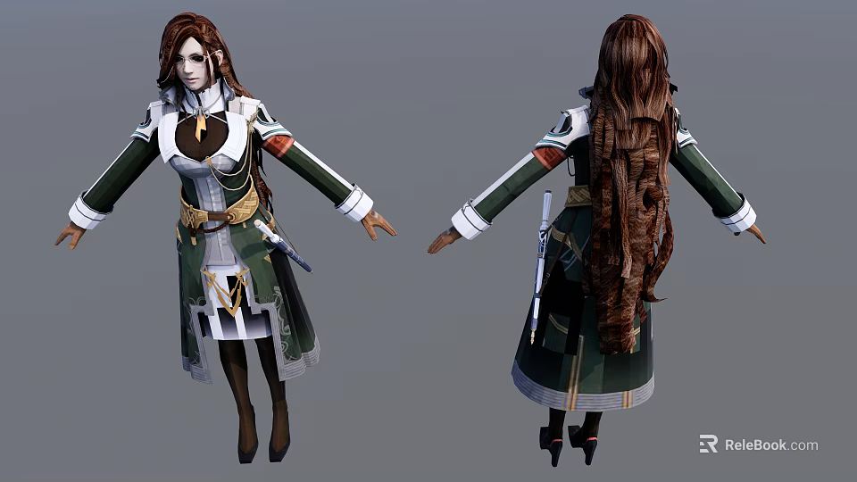 Detailed Game Film Character Design With Long Brown Hair Green White Outfit And Waist Weapon 3d model 