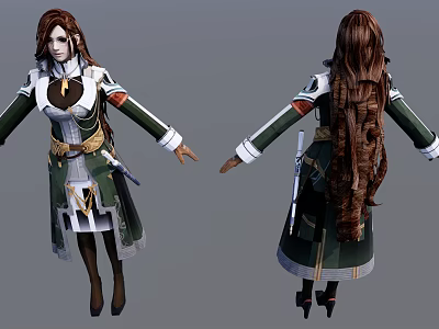 Detailed Game Film Character Design With Long Brown Hair Green White Outfit And Waist Weapon 3d model