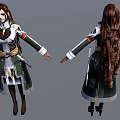 Detailed Game Film Character Design With Long Brown Hair Green White Outfit And Waist Weapon