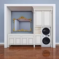 Elegant White Vanity With Golden Trimmed Mirror Drawers And Storage Cabinet