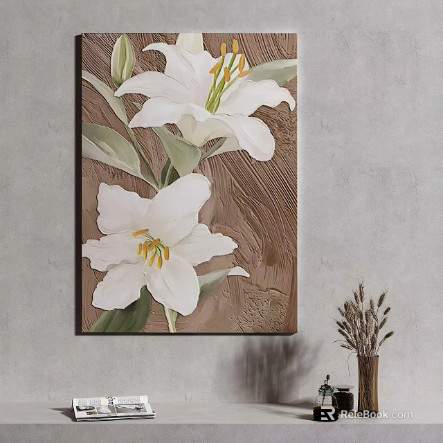 Botanical Painting With White Lilies And Green Leaves On Wooden Background Hanging On Gray Wall 3d model 