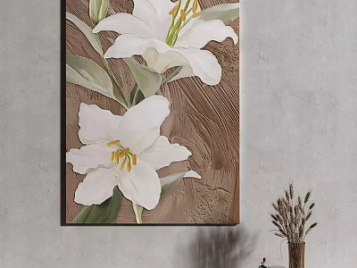 Botanical Painting With White Lilies And Green Leaves On Wooden Background Hanging On Gray Wall 3d model