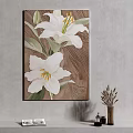 Botanical Painting With White Lilies And Green Leaves On Wooden Background Hanging On Gray Wall