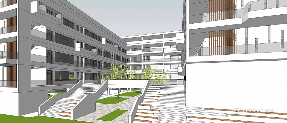 Modern School Building Architecture With Central Courtyard Stairs And Green Areas 3d model 