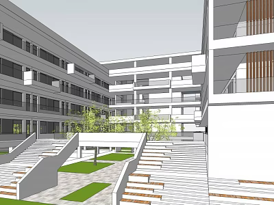 Modern School Building Architecture With Central Courtyard Stairs And Green Areas 3d model
