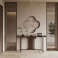 Minimalist Chinese Entryway Hallway With Wooden Lattice Screens Circular Painting And Green Plants