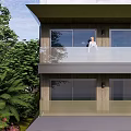Modern Detached Villa Exterior Design Featuring Three Story Structure Large Windows Balconies and Lush Greenery