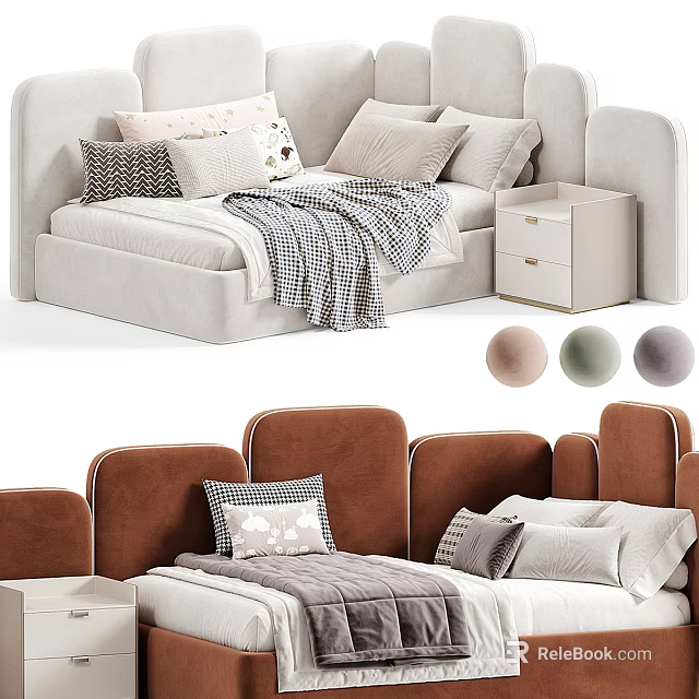 Cozy Kids Bed with Upholstered Headboard Pillows Blanket Nightstand and Color Options 3d model 