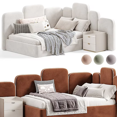 Cozy Kids Bed with Upholstered Headboard Pillows Blanket Nightstand and Color Options 3d model