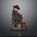 Fairy Tale Style Building Featuring Red Roof Gray Walls Tower Wooden Accents And Lit Windows