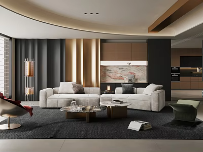 Contemporary Luxury Living Room With Soft Fabric Sofas Marble Coffee Tables And Open Connected Kitchen 3d model