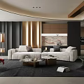 Contemporary Luxury Living Room With Soft Fabric Sofas Marble Coffee Tables And Open Connected Kitchen