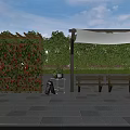 Wooden Pergola Covered In Red Climbing Flowers With Shade Canopy Benches And Blackboard Sign
