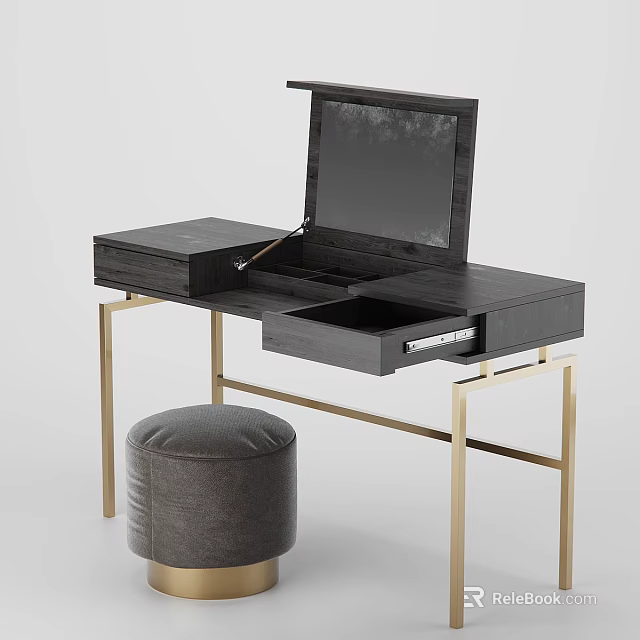 Modern Black Dressing Table With Gold Legs Open Mirror Drawer And Gray Stool 3d model