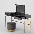 Modern Black Dressing Table With Gold Legs Open Mirror Drawer And Gray Stool 3d model