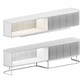 Modern Wooden Dresser With Striped Panels And Open Storage Space On Metal Base