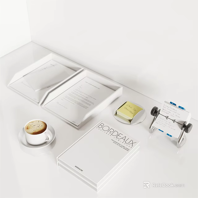 Stylish White Books and Magazines Display With Coffee Cup Sticky Notes And Business Card Holder 3d model 