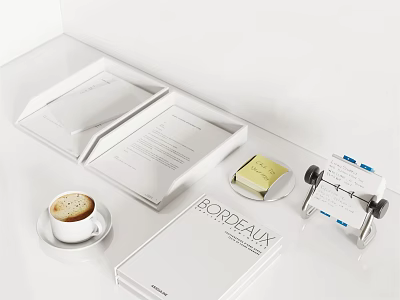 Stylish White Books and Magazines Display With Coffee Cup Sticky Notes And Business Card Holder 3d model