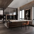 Modern Living Dining Room Interior With Brown Sofa Coffee Table Fireplace And Floor To Ceiling Windows