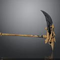 Fantasy Weapon With Curved Black Blade And Orange Decorative Woven Handle