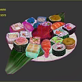 Assorted Sushi Platter With Salmon Shrimp And Green Leaf Decorations On White Plate