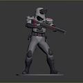 Sci Fi Game Movie Character With White Helmet Gray Armor Rifle And Red Accents Standing Pose