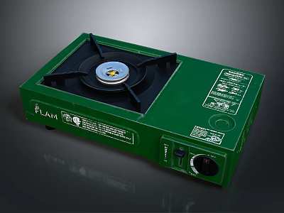 Green Portable Single Burner Gas Stove Kitchen Appliance with Control Knob and Instruction Labels 3d model