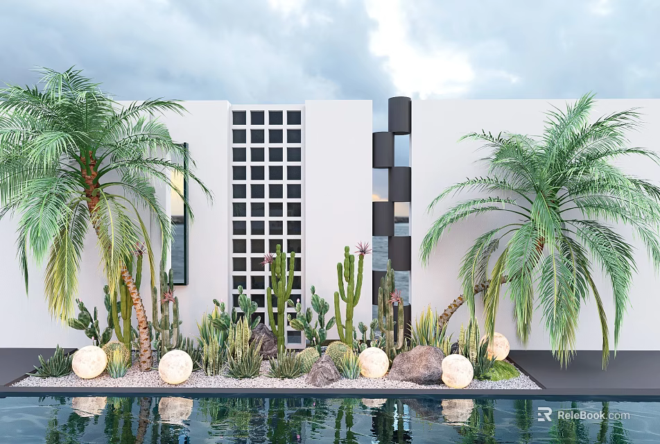 Modern Courtyard Garden With Palm Trees Cacti Round Lights And Pool Reflection 3d model 