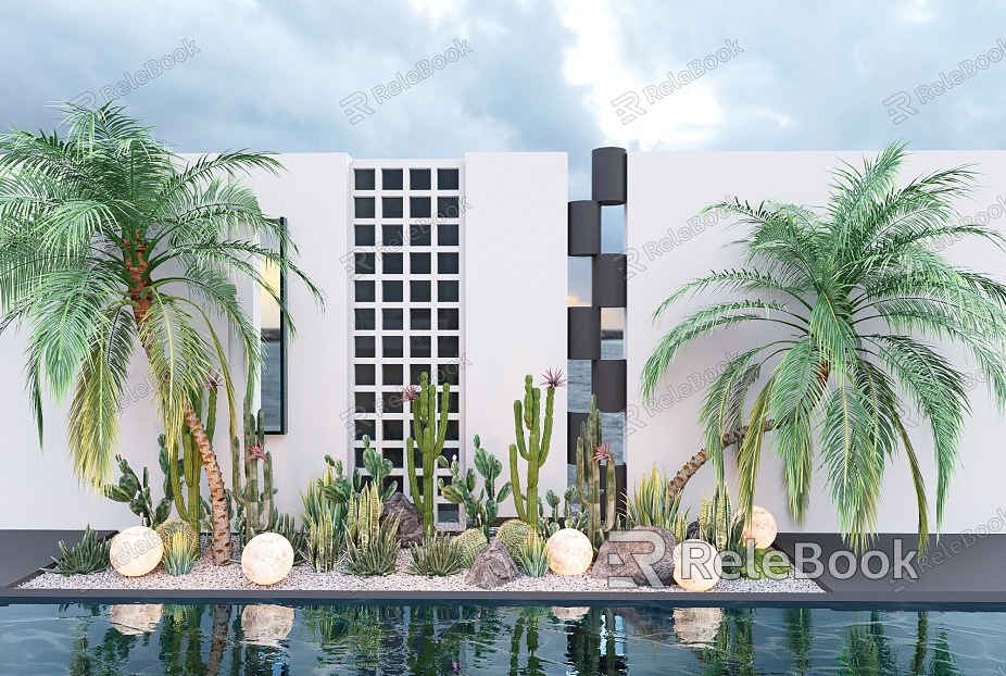 Modern cactus courtyard sketch plant landscape landscaping stone tropical plant combination plant pile model