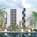 Modern Courtyard Garden With Palm Trees Cacti Round Lights And Pool Reflection