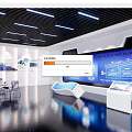 Modern Exhibition Hall With Large Digital Screens Interactive Display Stands And Information Charts