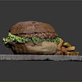 Juicy Hamburger with Sesame Bun Lettuce Patty and Crispy French Fries on Wooden Board