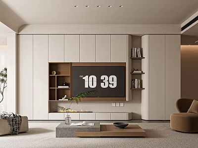 Modern Living Room TV Wall Design With White Cabinets Wooden Open Shelves And TV 3d model
