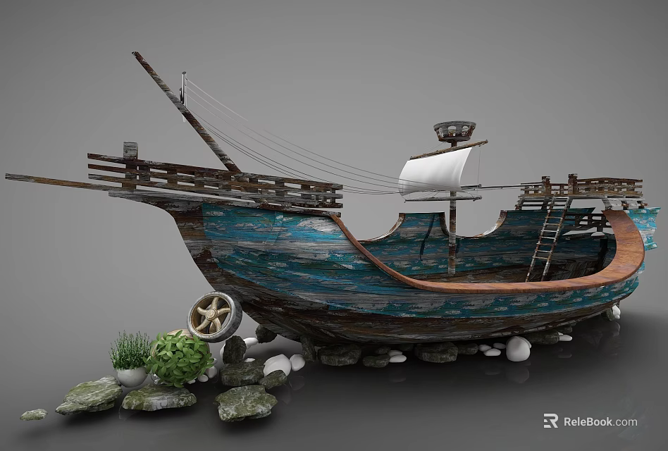 Wooden Sailboat Model With Blue Brown Hull Surrounded By Stones And Plants 3d model 