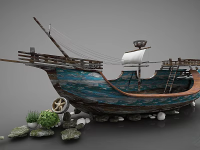 Wooden Sailboat Model With Blue Brown Hull Surrounded By Stones And Plants 3d model