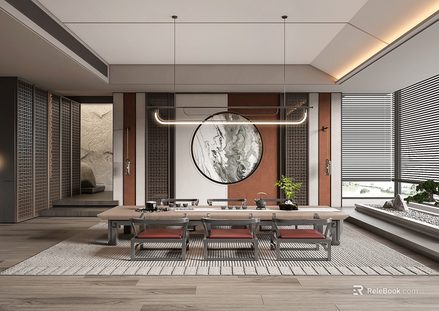 Traditional Tea Room Interior Design With Round Ink Painting Long Wooden Table And Red Cushions 3d model 