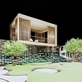 Modern Courtyard Garden With Green Plants Lawn Stone Path And Tiled Brick Wall
